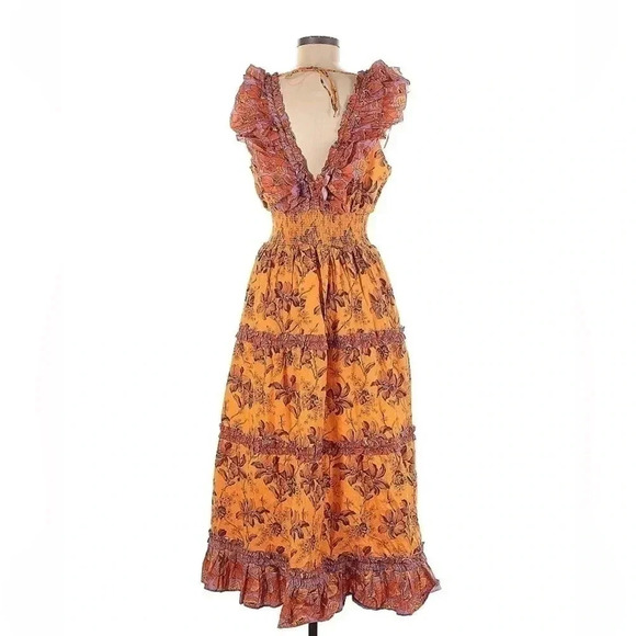 Anthropologie Love The Label Azalea Ruffled Midi Dress Beryl Mango Print Size M - Picture 6 of 7